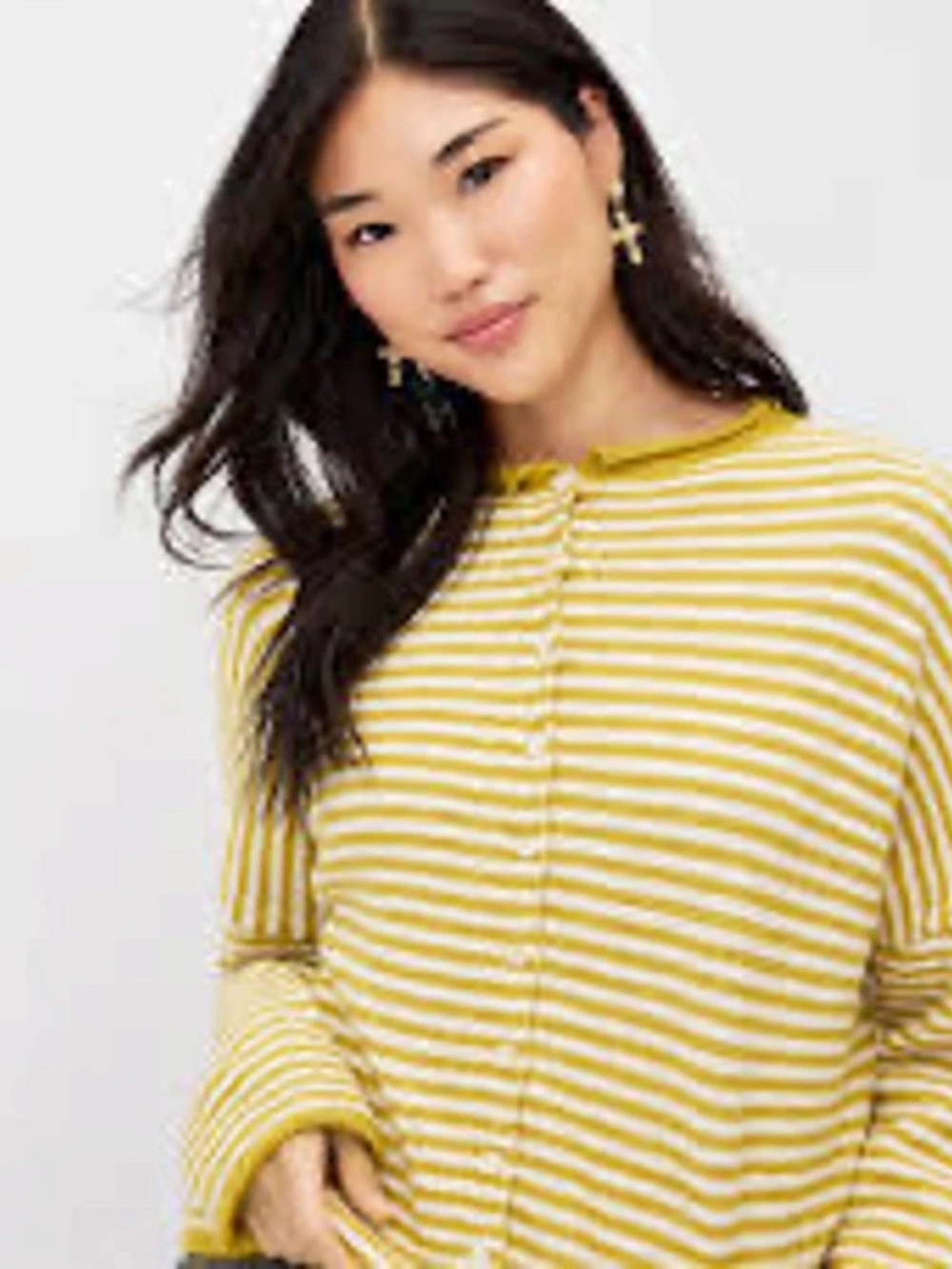 Striped Long Sleeve Cardigan - Yellow and White